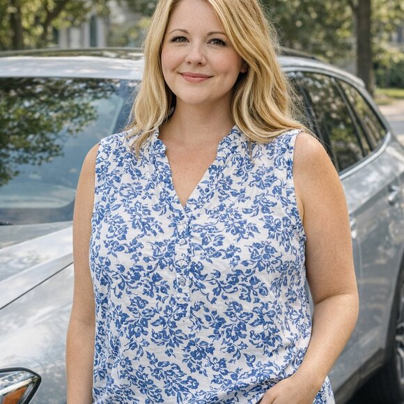 Blue MOOD Tops - Women's 2X Sleeveless Top Blue Floral Split V Neck Henley by Blue Mood